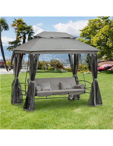 Outsunny 3 Seater Swing Chair Hammock Gazebo Patio Bench Outdoor with Double Tier Canopy, Cushioned Seat, Mesh Sidewalls, Grey