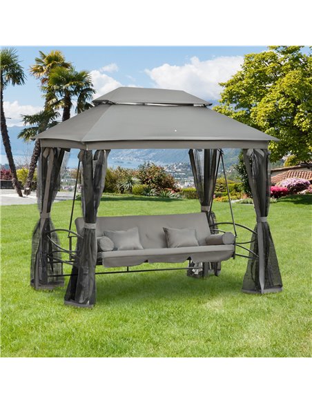 Outsunny 3 Seater Swing Chair Hammock Gazebo Patio Bench Outdoor with Double Tier Canopy, Cushioned Seat, Mesh Sidewalls, Grey - pic 12221 | FastDaddyshop
