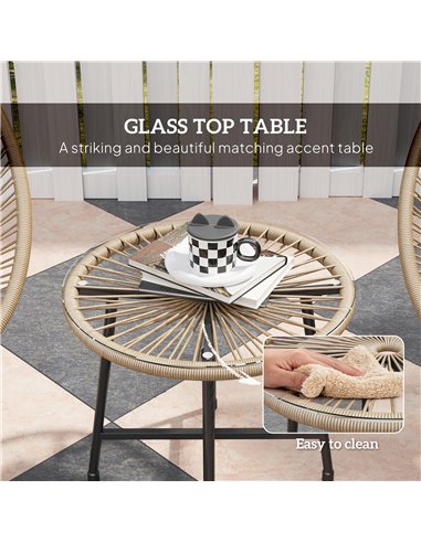 Outsunny 3 Pieces Rattan Bistro Set, Garden Bistro Set with Acapulco Chairs and Glass Top Table, Small Garden Furniture Set with
