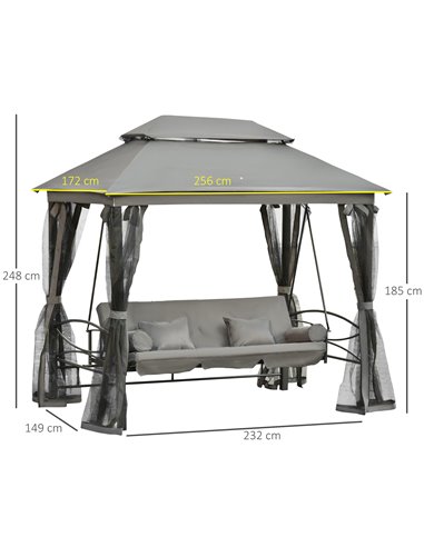 Outsunny 3 Seater Swing Chair Hammock Gazebo Patio Bench Outdoor with Double Tier Canopy, Cushioned Seat, Mesh Sidewalls, Grey