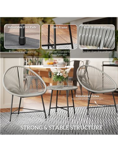 Outsunny 3 Pieces Rattan Bistro Set, Garden Bistro Set with Acapulco Chairs and Glass Top Table, Small Garden Furniture Set with