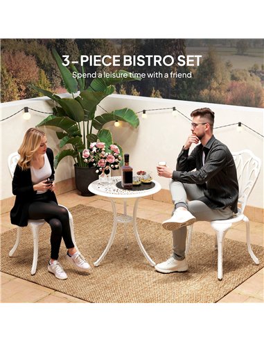 Outsunny 3 Piece Garden Bistro Set, Cast Aluminium Outdoor Furniture Set with Umbrella Hole for Balcony, Porch, Patio, White