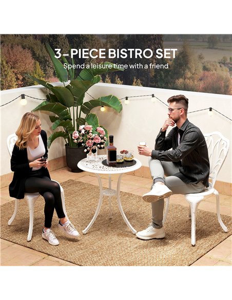 Outsunny 3 Piece Garden Bistro Set, Cast Aluminium Outdoor Furniture Set with Umbrella Hole for Balcony, Porch, Patio, White - pic 122226 | FastDaddyshop