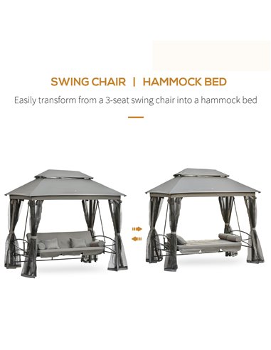 Outsunny 3 Seater Swing Chair Hammock Gazebo Patio Bench Outdoor with Double Tier Canopy, Cushioned Seat, Mesh Sidewalls, Grey