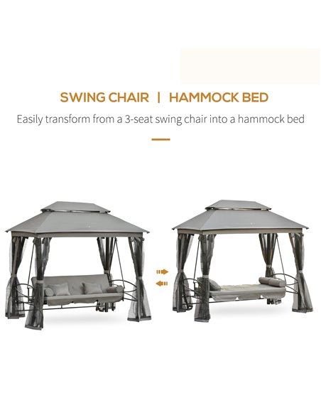 Outsunny 3 Seater Swing Chair Hammock Gazebo Patio Bench Outdoor with Double Tier Canopy, Cushioned Seat, Mesh Sidewalls, Grey - pic 12223 | FastDaddyshop