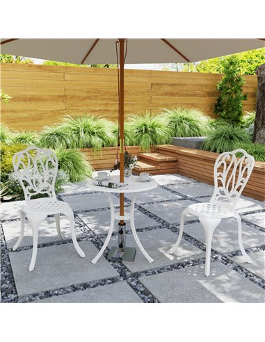 Outsunny 3 Piece Garden Bistro Set, Cast Aluminium Outdoor Furniture Set with Umbrella Hole for Balcony, Porch, Patio, White