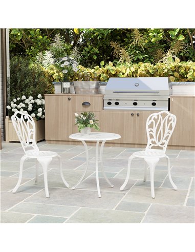 Outsunny 3 Piece Garden Bistro Set, Cast Aluminium Outdoor Furniture Set with Umbrella Hole for Balcony, Porch, Patio, White