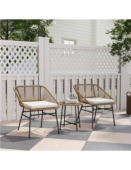 Outsunny 3 Pieces Rattan Bistro Set, Wicker Small Garden Table and Chairs Set with Cushions and Glass Top Coffee Table, Bistro G - pic 122233 | FastDaddyshop