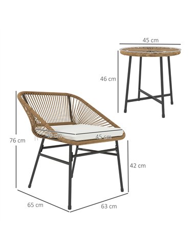 Outsunny 3 Pieces Rattan Bistro Set, Wicker Small Garden Table and Chairs Set with Cushions and Glass Top Coffee Table, Bistro G