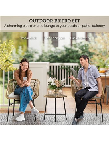 Outsunny 3 Pieces Rattan Bistro Set, Wicker Small Garden Table and Chairs Set with Cushions and Glass Top Coffee Table, Bistro G