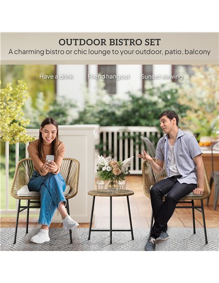 Outsunny 3 Pieces Rattan Bistro Set, Wicker Small Garden Table and Chairs Set with Cushions and Glass Top Coffee Table, Bistro G - pic 122235 | FastDaddyshop