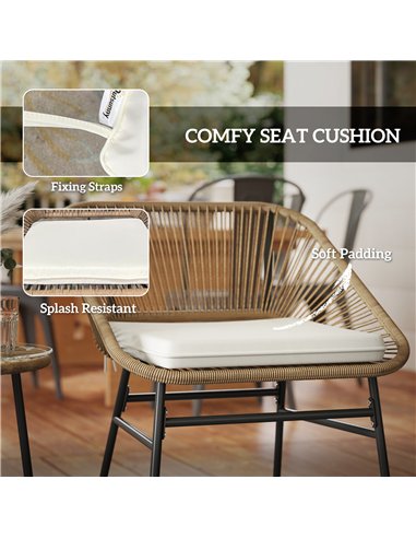 Outsunny 3 Pieces Rattan Bistro Set, Wicker Small Garden Table and Chairs Set with Cushions and Glass Top Coffee Table, Bistro G