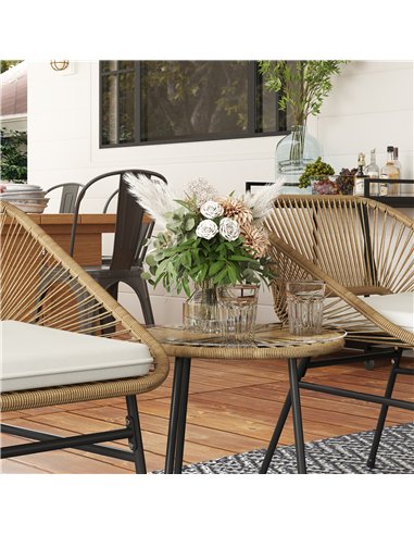 Outsunny 3 Pieces Rattan Bistro Set, Wicker Small Garden Table and Chairs Set with Cushions and Glass Top Coffee Table, Bistro G