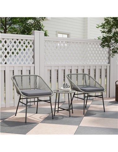 Outsunny 3 Pieces Rattan Bistro Set, Wicker Small Garden Table and Chairs Set with Cushions and Glass Top Coffee Table, Bistro G