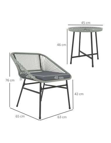 Outsunny 3 Pieces Rattan Bistro Set, Wicker Small Garden Table and Chairs Set with Cushions and Glass Top Coffee Table, Bistro G