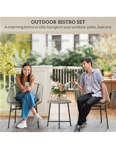 Outsunny 3 Pieces Rattan Bistro Set, Wicker Small Garden Table and Chairs Set with Cushions and Glass Top Coffee Table, Bistro G