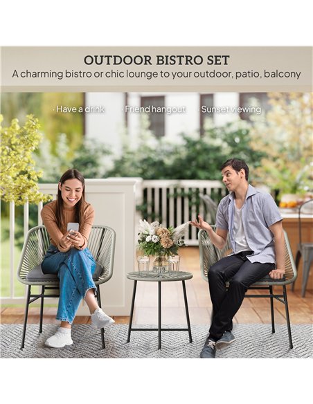Outsunny 3 Pieces Rattan Bistro Set, Wicker Small Garden Table and Chairs Set with Cushions and Glass Top Coffee Table, Bistro G - pic 122244 | FastDaddyshop