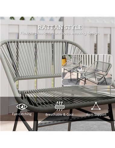 Outsunny 3 Pieces Rattan Bistro Set, Wicker Small Garden Table and Chairs Set with Cushions and Glass Top Coffee Table, Bistro G