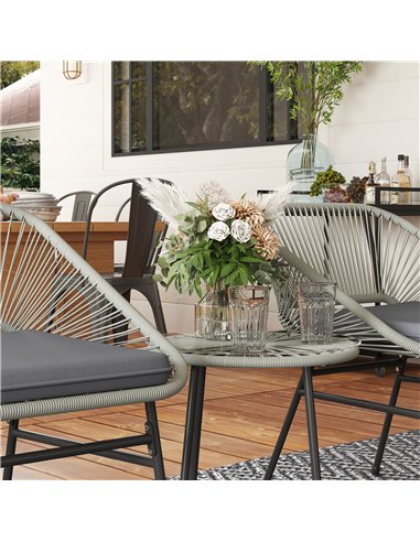 Outsunny 3 Pieces Rattan Bistro Set, Wicker Small Garden Table and Chairs Set with Cushions and Glass Top Coffee Table, Bistro G