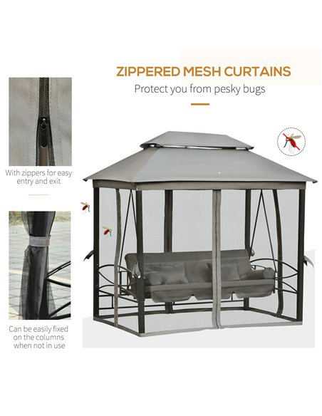 Outsunny 3 Seater Swing Chair Hammock Gazebo Patio Bench Outdoor with Double Tier Canopy, Cushioned Seat, Mesh Sidewalls, Grey - pic 12225 | FastDaddyshop