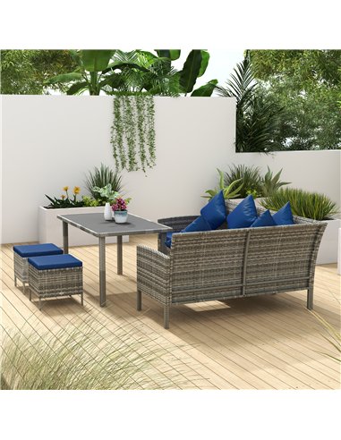 Outsunny 5 Pieces Rattan Garden Furniture Set with Dining Table, Cushions - Dark Blue