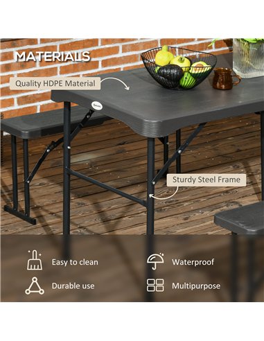 Outsunny Folding Picnic Table with 2 Benches, 3-Piece Portable Garden Furniture Set for 4, Dining Table Set with Plastic Top, St
