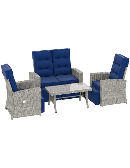 Outsunny 4 Piece Rattan Garden Furniture Set Outdoor Sofa Sectional Set with Glass Top Table for Poolside, Navy Blue - pic 122268 | FastDaddyshop