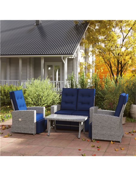 Outsunny 4 Piece Rattan Garden Furniture Set Outdoor Sofa Sectional Set with Glass Top Table for Poolside, Navy Blue - pic 122269 | FastDaddyshop
