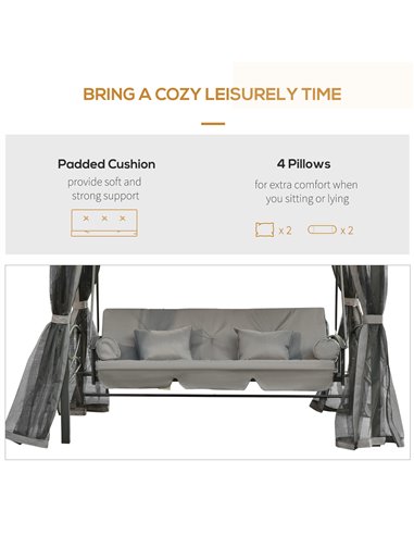 Outsunny 3 Seater Swing Chair Hammock Gazebo Patio Bench Outdoor with Double Tier Canopy, Cushioned Seat, Mesh Sidewalls, Grey
