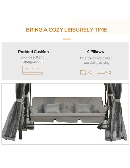 Outsunny 3 Seater Swing Chair Hammock Gazebo Patio Bench Outdoor with Double Tier Canopy, Cushioned Seat, Mesh Sidewalls, Grey - pic 12227 | FastDaddyshop