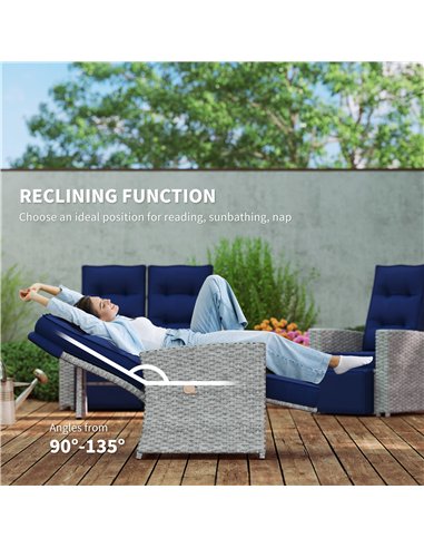 Outsunny 4 Piece Rattan Garden Furniture Set Outdoor Sofa Sectional Set with Glass Top Table for Poolside, Navy Blue