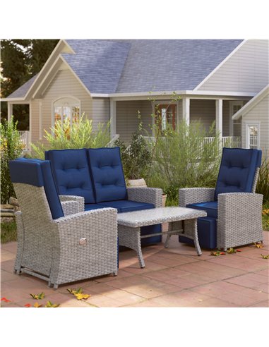 Outsunny 4 Piece Rattan Garden Furniture Set Outdoor Sofa Sectional Set with Glass Top Table for Poolside, Navy Blue