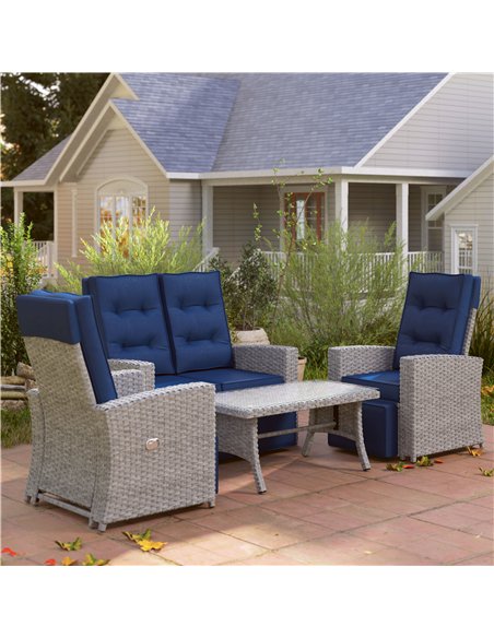 Outsunny 4 Piece Rattan Garden Furniture Set Outdoor Sofa Sectional Set with Glass Top Table for Poolside, Navy Blue - pic 122276 | FastDaddyshop