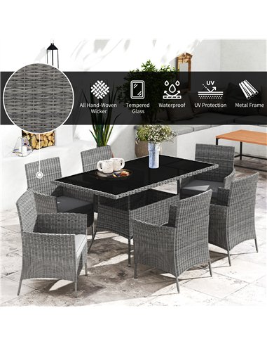 Outsunny 7-Piece Rattan Garden Furniture Set with Cushions, 6 Seater Garden Table and Chairs, Rattan Dining Set with 6 Armchairs
