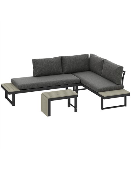 Outsunny 4 Seater L Shaped Aluminium Sectional Garden Furniture Set with 2 Loveseats and Wood-Plastic Coffee Table - Dark Grey - pic 122286 | FastDaddyshop