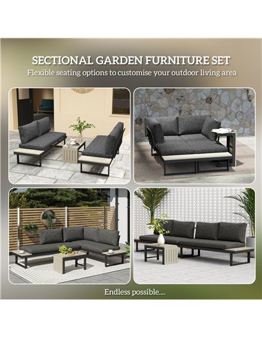 Outsunny 4 Seater L Shaped Aluminium Sectional Garden Furniture Set with 2 Loveseats and Wood-Plastic Coffee Table - Dark Grey