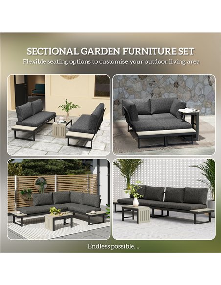 Outsunny 4 Seater L Shaped Aluminium Sectional Garden Furniture Set with 2 Loveseats and Wood-Plastic Coffee Table - Dark Grey - pic 122289 | FastDaddyshop