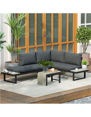 Outsunny 4 Seater L Shaped Aluminium Sectional Garden Furniture Set with 2 Loveseats and Wood-Plastic Coffee Table - Dark Grey