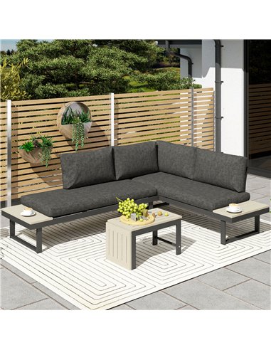 Outsunny 4 Seater L Shaped Aluminium Sectional Garden Furniture Set with 2 Loveseats and Wood-Plastic Coffee Table - Dark Grey