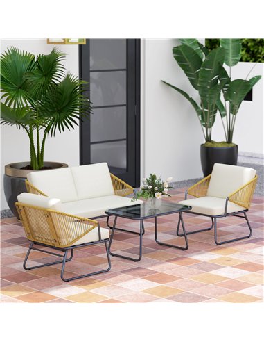 Outsunny 4 Piece Rattan Garden Furniture Set, Wicker Patio Outdoor Furniture Set with Loveseat, Armchairs, Glass Top Coffee Tabl