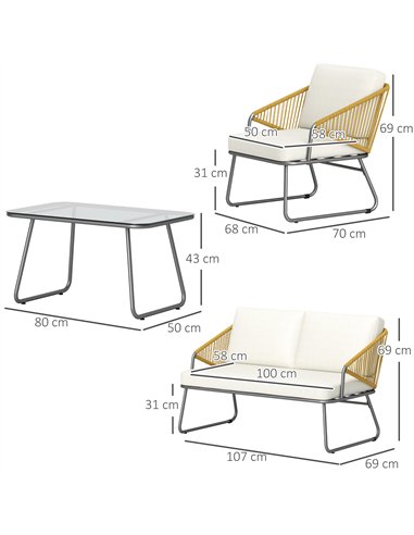 Outsunny 4 Piece Rattan Garden Furniture Set, Wicker Patio Outdoor Furniture Set with Loveseat, Armchairs, Glass Top Coffee Tabl