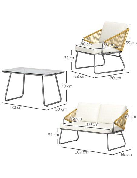 Outsunny 4 Piece Rattan Garden Furniture Set, Wicker Patio Outdoor Furniture Set with Loveseat, Armchairs, Glass Top Coffee Tabl - pic 122297 | FastDaddyshop