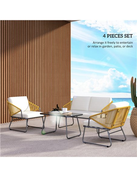 Outsunny 4 Piece Rattan Garden Furniture Set, Wicker Patio Outdoor Furniture Set with Loveseat, Armchairs, Glass Top Coffee Tabl - pic 122298 | FastDaddyshop