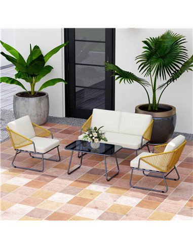Outsunny 4 Piece Rattan Garden Furniture Set, Wicker Patio Outdoor Furniture Set with Loveseat, Armchairs, Glass Top Coffee Tabl