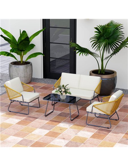 Outsunny 4 Piece Rattan Garden Furniture Set, Wicker Patio Outdoor Furniture Set with Loveseat, Armchairs, Glass Top Coffee Tabl - pic 122303 | FastDaddyshop