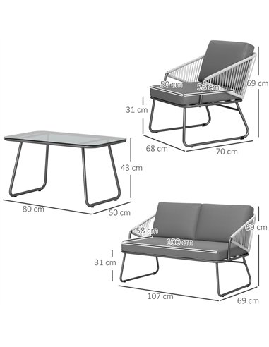 Outsunny 4 Piece Rattan Garden Furniture Set, Wicker Patio Outdoor Furniture Set with Loveseat, Armchairs, Glass Top Coffee Tabl