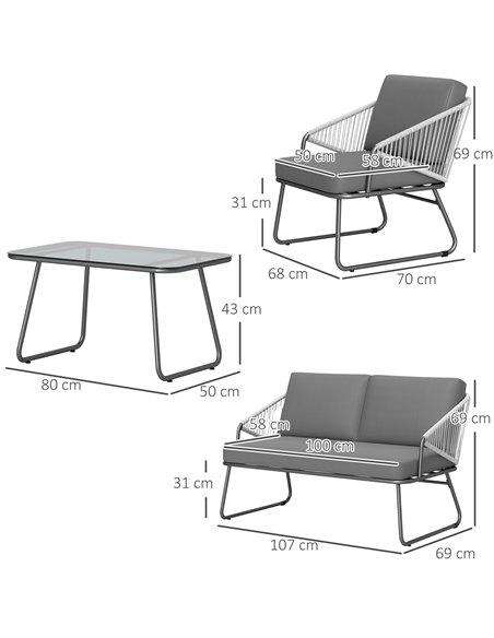Outsunny 4 Piece Rattan Garden Furniture Set, Wicker Patio Outdoor Furniture Set with Loveseat, Armchairs, Glass Top Coffee Tabl - pic 122306 | FastDaddyshop