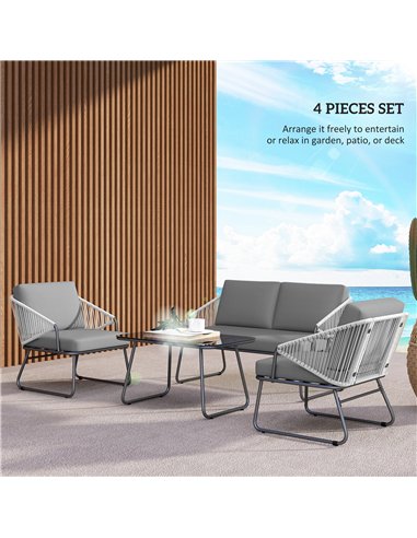 Outsunny 4 Piece Rattan Garden Furniture Set, Wicker Patio Outdoor Furniture Set with Loveseat, Armchairs, Glass Top Coffee Tabl
