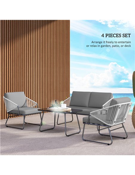 Outsunny 4 Piece Rattan Garden Furniture Set, Wicker Patio Outdoor Furniture Set with Loveseat, Armchairs, Glass Top Coffee Tabl - pic 122307 | FastDaddyshop