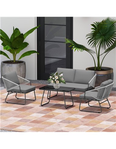Outsunny 4 Piece Rattan Garden Furniture Set, Wicker Patio Outdoor Furniture Set with Loveseat, Armchairs, Glass Top Coffee Tabl
